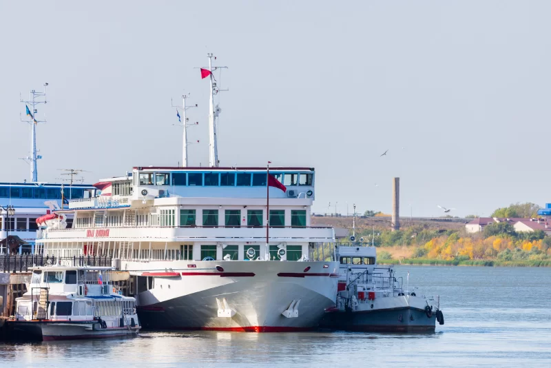 River Cruise boats on Volga River in Astrakhan city, Russia