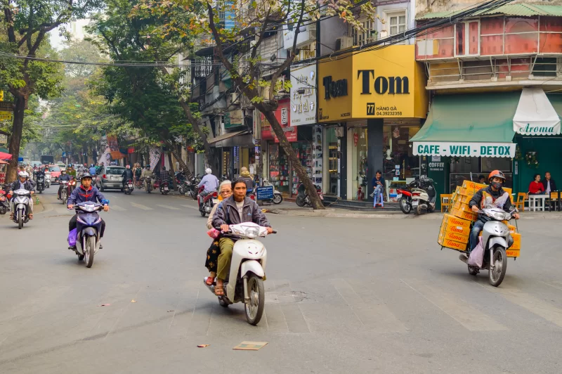 Motorbike traffic in the Old town in Hanoi.