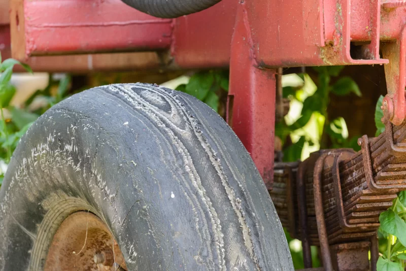 Старая изношенная грузовая шина с потертостями и слоями резины