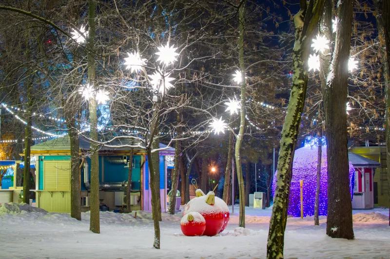 Украшение парка. Снежная зима.