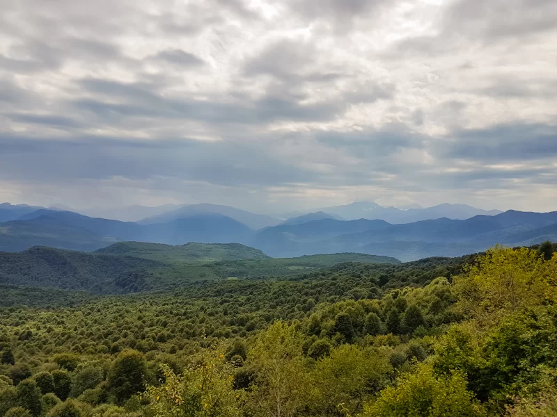 Величественный горный пейзаж с лесами и облаками