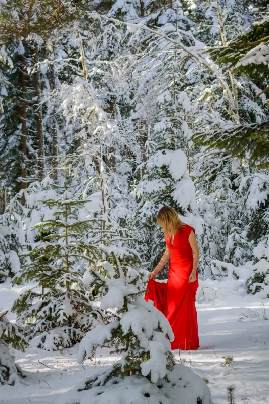 Winter contrast: Woman in scarlet dress against a snowy forest