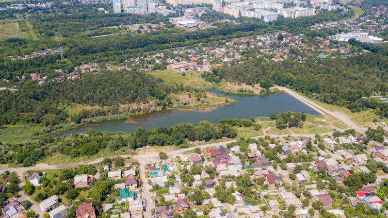 Aerial view of suburban houses in big city
