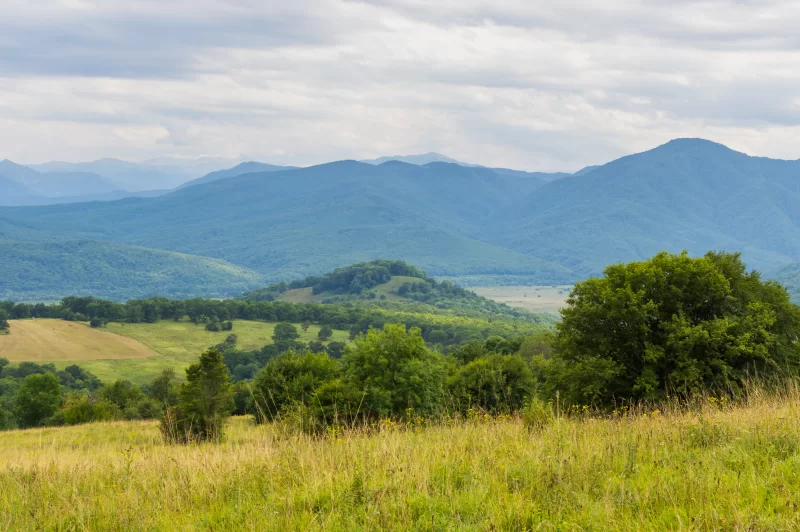 Зеленые холмы и горы в облаках