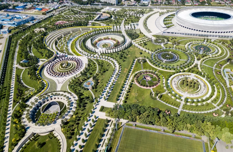 Panoramic view of Krasnodar Stadium and Galitsky Park from a bird's-eye view