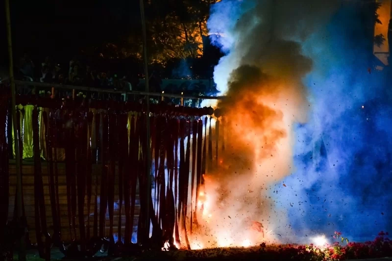 Fire and smoke after explosion of firecrackers