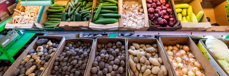 Свежие овощи и корнеплоды на прилавке магазина