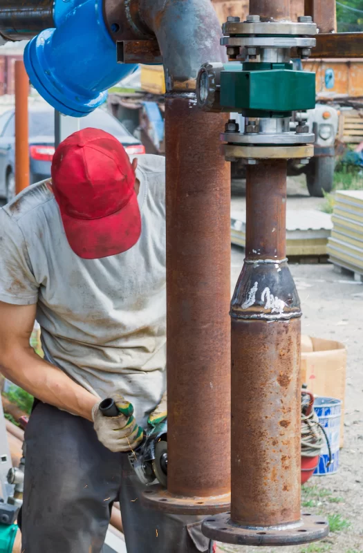 Рабочий обрабатывает металлические трубы угловой шлифмашиной на строительной площадке