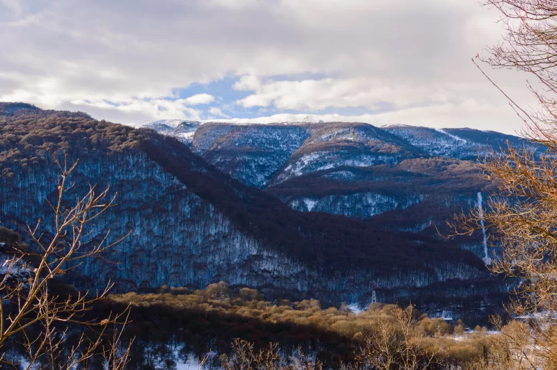 Величественный зимний горный пейзаж с заснеженными вершинами и лесами