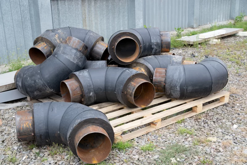 Складированные трубы для теплоизоляции на поддонах
