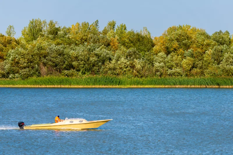 Моторная лодка мчится по реке