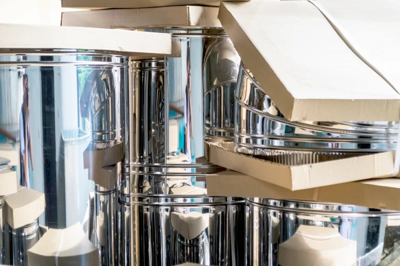 Блестящие металлические трубы дымохода, аккуратно уложенные и упакованные