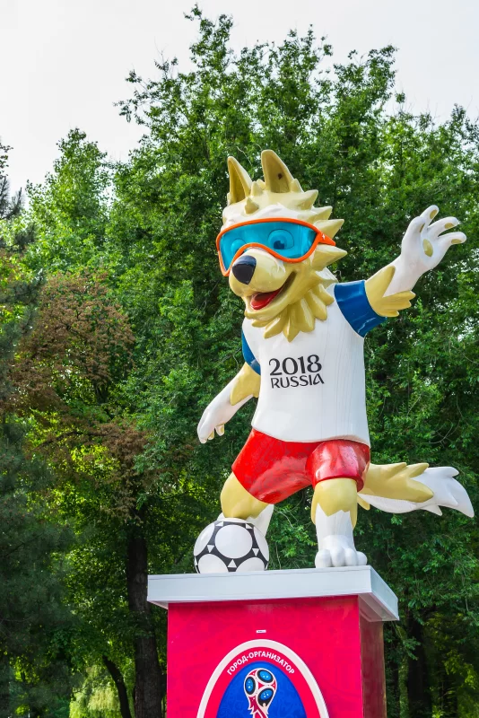 The official mascot of the 2018 FIFA World Cup, Zabivaka the Wolf, in Rostov-on-Don