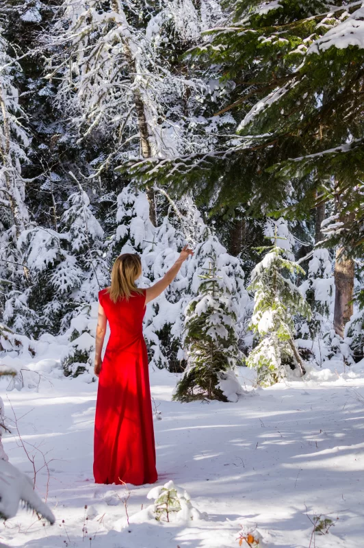 Woman in scarlet dress among snow-covered fir trees