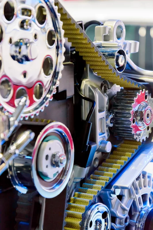 Хромированная деталь двигателя автомобиля, фокус на шкиве с ремнем