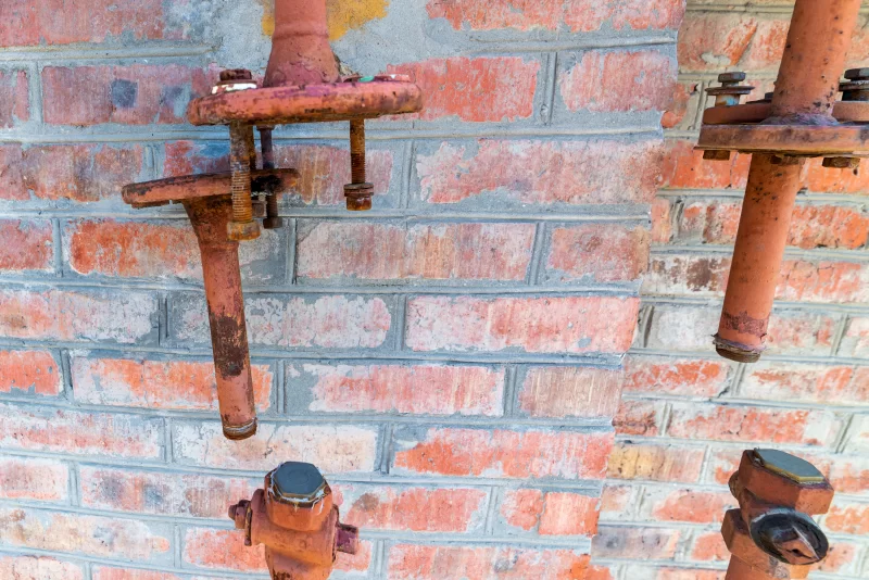 Ржавые газовые трубы на кирпичной стене