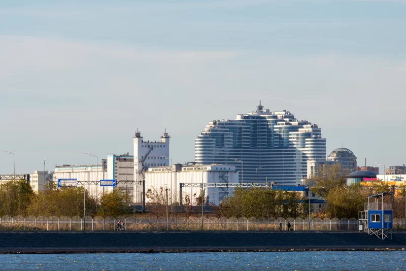 Modern architecture and industrial sites of Rostov-on-Don against the river backdrop