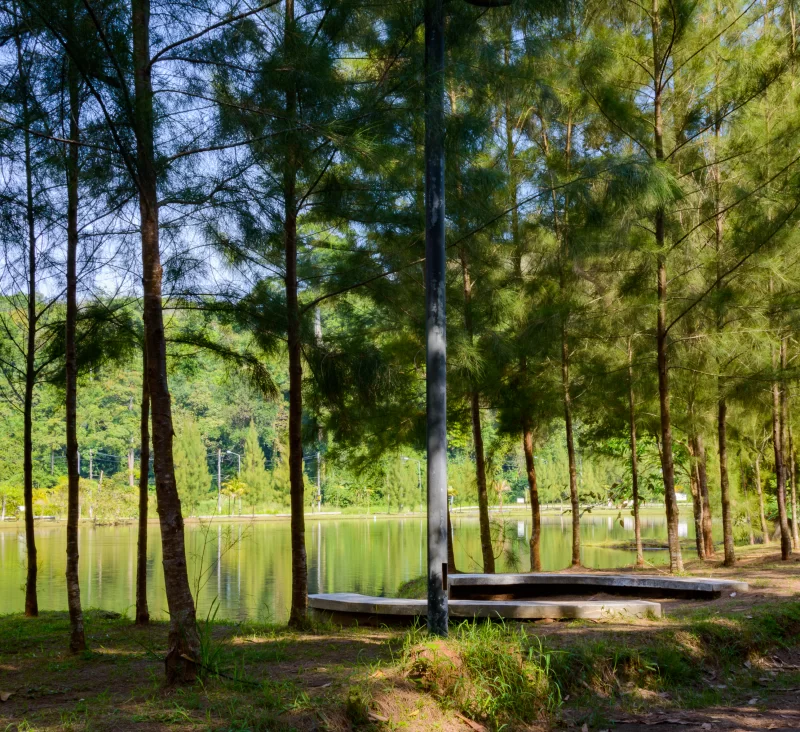 Tropical landscape, lake and hills