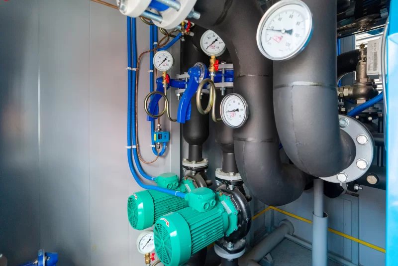 Промышленное оборудование: насосы, трубы и манометры в техническом помещении
