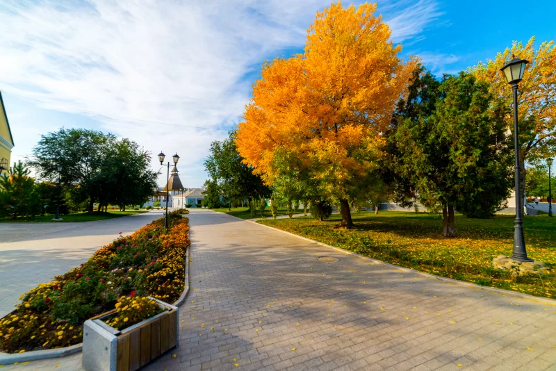 Flowerbeds, Grass Pathway and Ornamental Vase in a Formal Garden