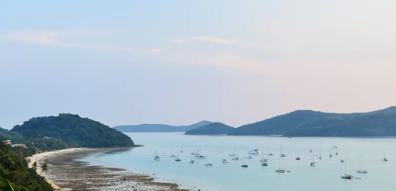 лодки и яхты стоят на якоре в заливе во время отлива