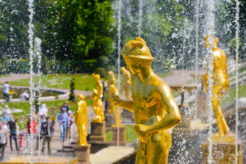 Golden statues of Peterhof fountain