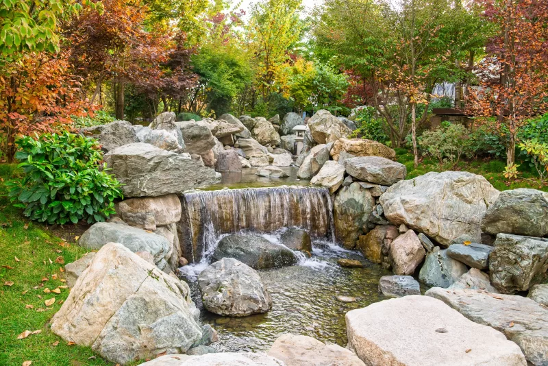 Japanese garden waterfall in Galitsky Park
