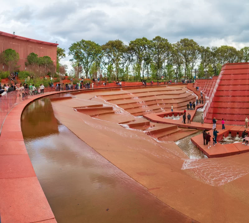 Modern amphitheater waterfall in park