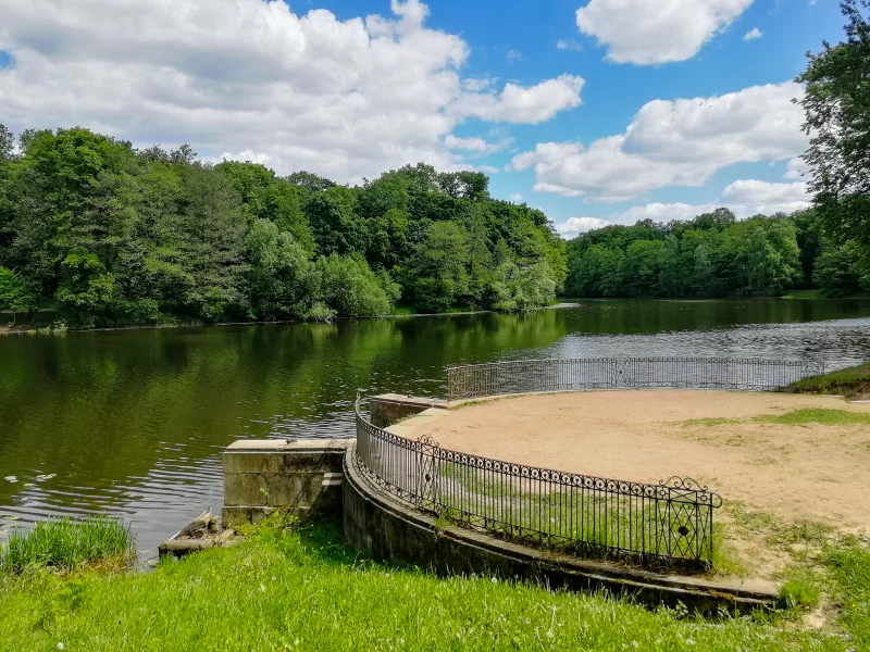 Озеро в парке под голубым небом