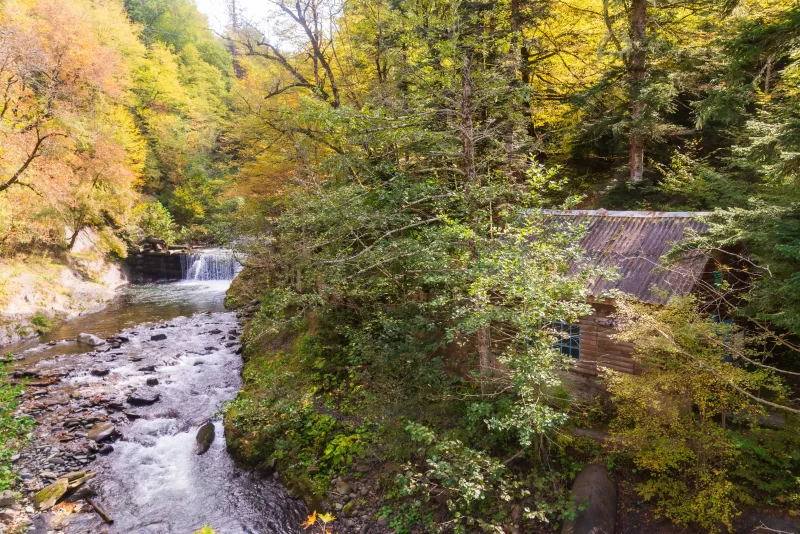Осенняя река и деревенская хижина в Адыгее