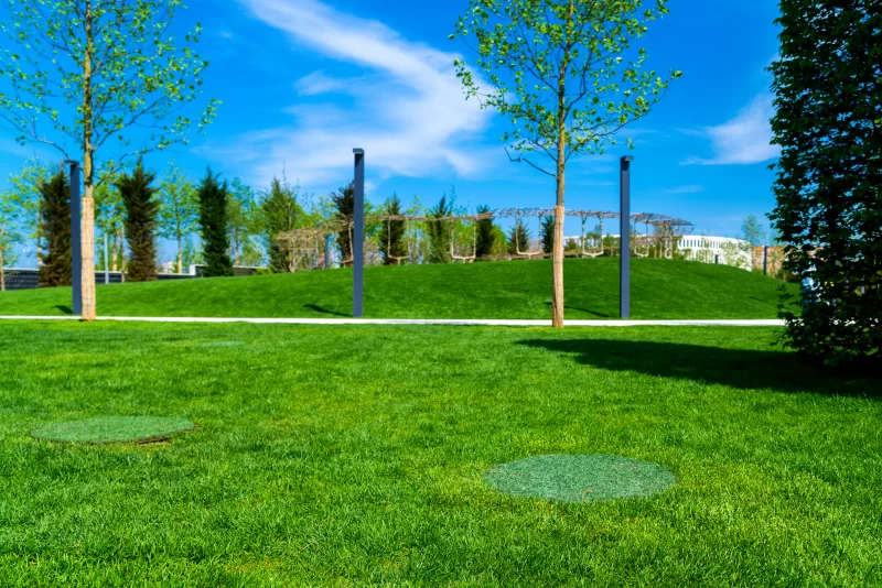 Крышка люка, замаскированная под траву на траве в парке.