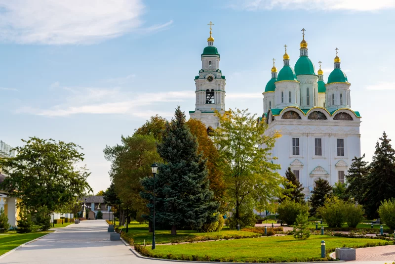 Uspensky Cathedral and Bell Tower of the Kremlin in Astrakhan, Russia