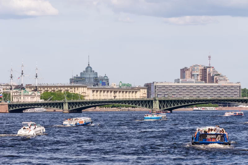Neva River view with bridge and boats
